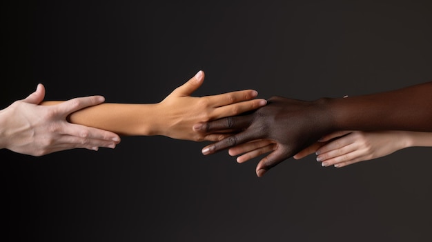 People with different skin colors holding hands with each other The concept of diversity and equality Created with Generative AI technology