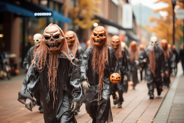 Люди с фестивалем костюмов на Хэллоуин на День благодарения Generative AI