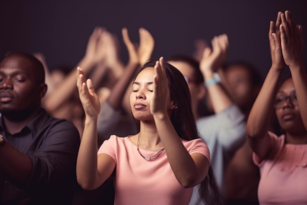 People with hands raised in prayer Concept of collective worship and faith