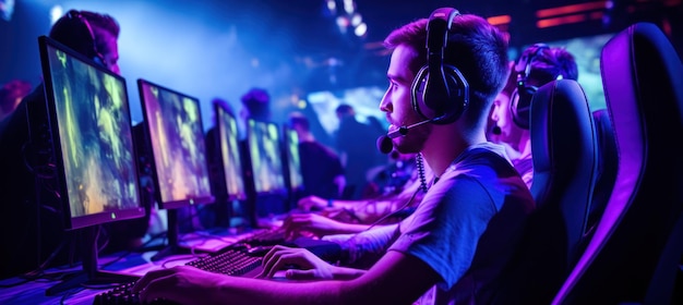 people with headsets in an online game at an event