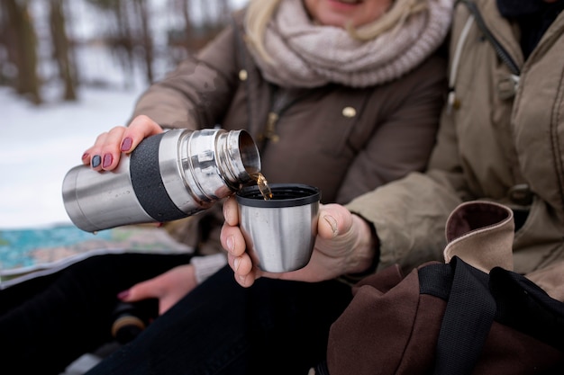 People with hot drink winter season