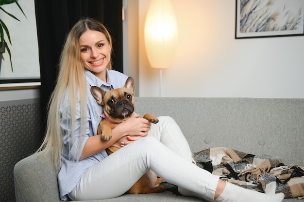 People with pets concept Smiling woman playing on couch with dog at home