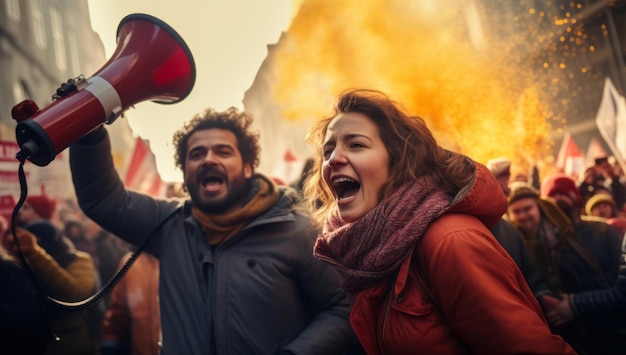 People with placards and amplifier on global strike for climate change