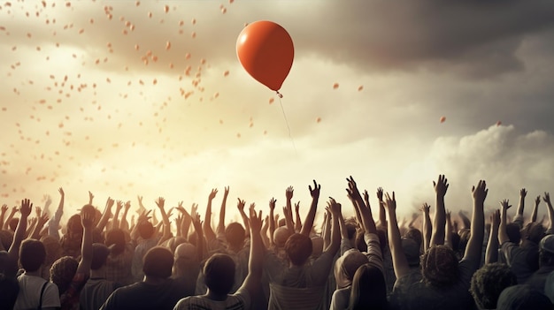 People with red balloon in the air