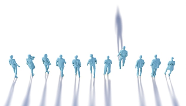 People with shadow behind, one of them has shadow in front. diversity concept. 3d model