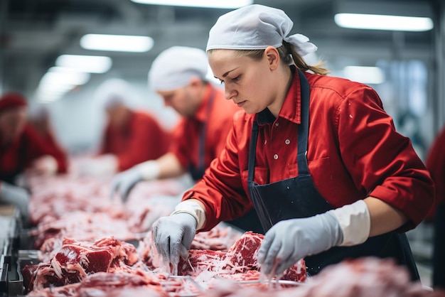 Люди работают на мясоперерабатывающем заводе. Мясная столовая.