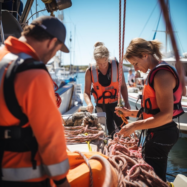 Photo people working on boat using ropes and equipment