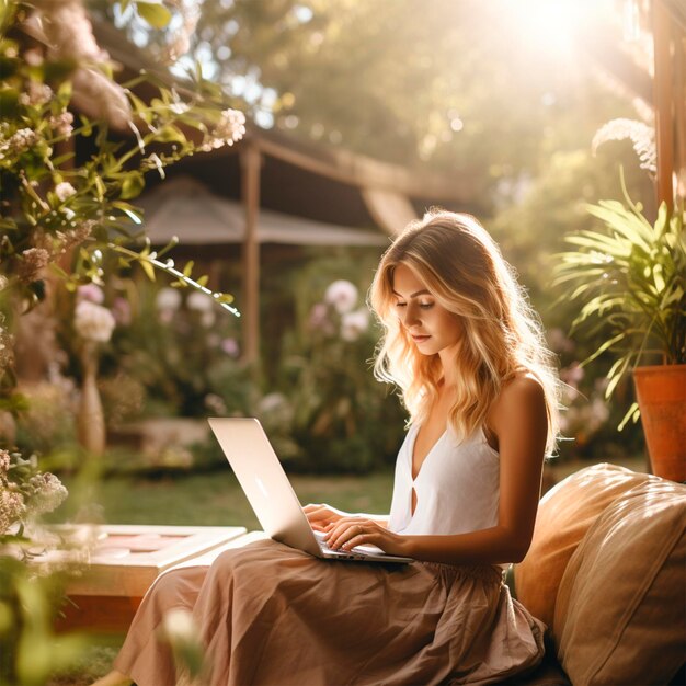 People working on a laptop outdoors photo