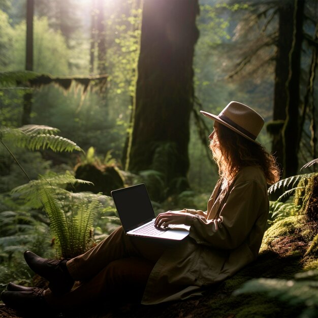 People working on a laptop outdoors photo