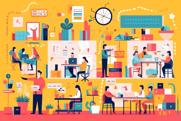 Photo people working in an office with a clock and a yellow background generative ai