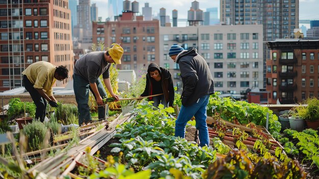 Foto persone che lavorano in un giardino sul tetto stanno piantando e prendendosi cura delle piante sullo sfondo c'è un paesaggio urbano con edifici alti