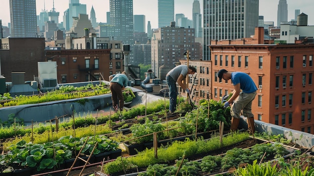 Photo people working in a rooftop garden with the city skyline in the background