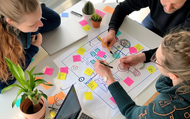 Photo people working together on a paper with a wireframe design postits around itopen office space