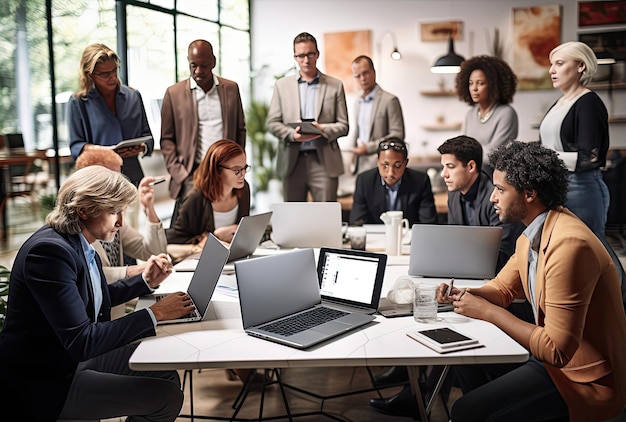 People working together at a table with laptops