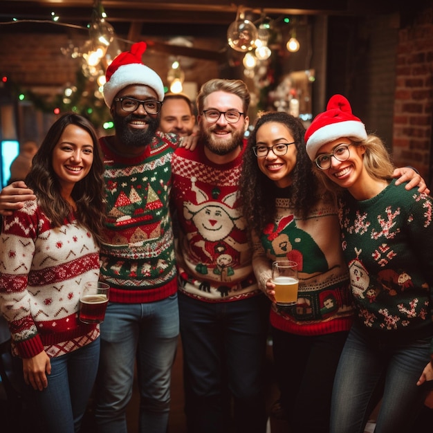 People at Xmas Holiday party wearing Shristmas swaters