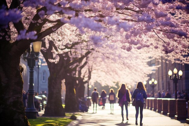 people among yoshino cherry trees prunus x yedoensis and collegiate gothic style buildings on