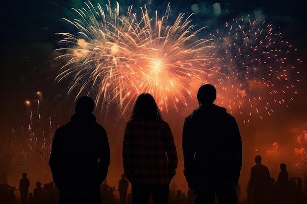 Foto i popoli in silhouette amano guardare lo spettacolo di fuochi d'artificio in una festa o in una festa