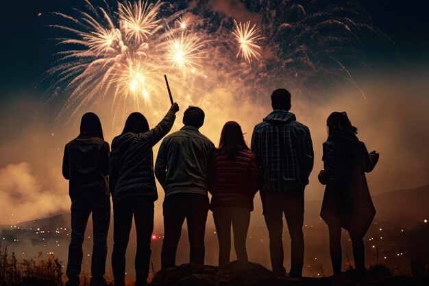 Peoples in silhouette enjoy watching amazing firework show in a festival or holiday