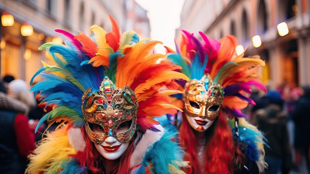 Photo peoples wearing colorful carnival mask with feather crown at the street