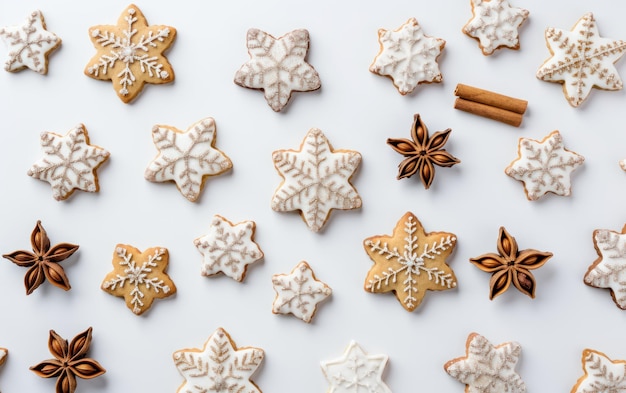 Peperkoek kerstkoekjes op witte achtergrond bovenaanzicht kopie ruimte