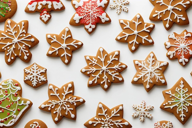 Peperkoek kerstkoekjes op witte achtergrond bovenaanzicht