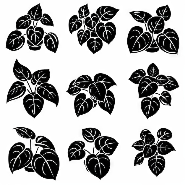 ペペロミア・ポット・プラント・アイコンセット (Peperomia Pot Plant Icon Set) ペペローミア・プランット・ブラック・ホワイト・デザイン (Abstract Peperomia Symbol)
