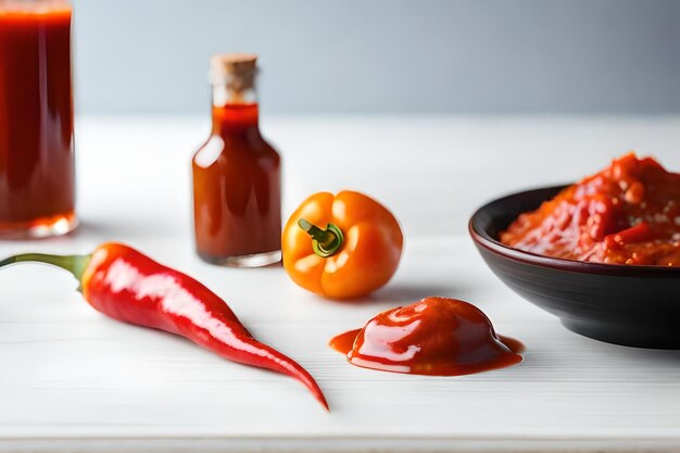 Foto un peperone e una ciotola di peperoncino accanto a una ciotola di peperoncino.