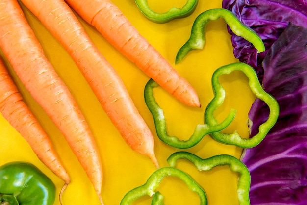 Pepper, cabbage and carrot on yellow background.