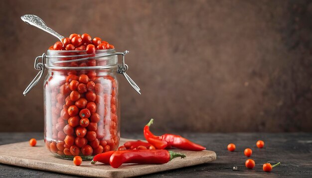 Pepper peas in a glass jar with a spoon and red pepper On rustic background