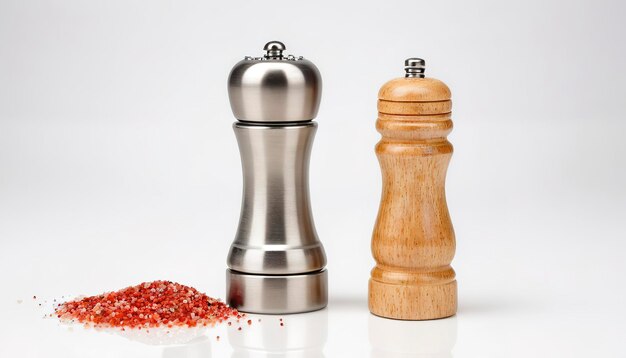 Photo pepper and salt mill and shaker isolated on white background