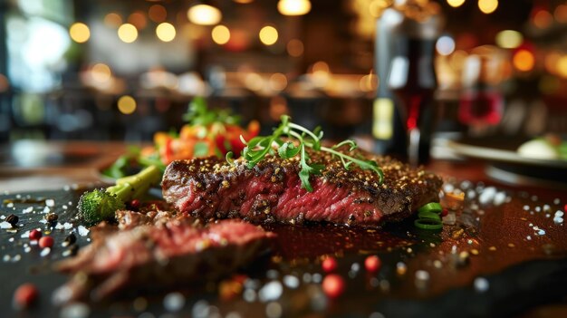 Peppercorn Crusted Sirloin Steak against a lively bistro background