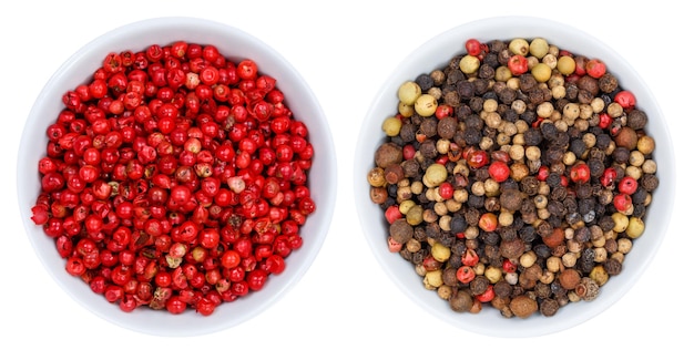 Peppercorns pepper peppercorn collection from above bowl isolated on white