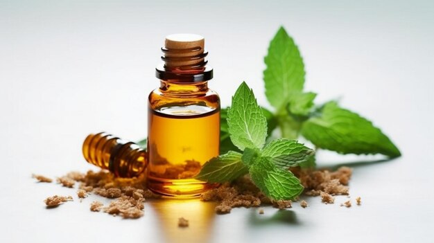 Photo peppermint essential oil in amber dropper bottle