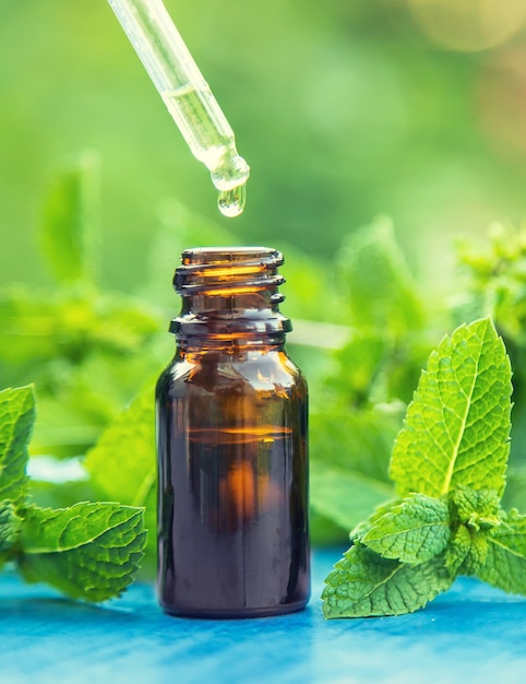 Peppermint essential oil in a small bottle. Selective focus.