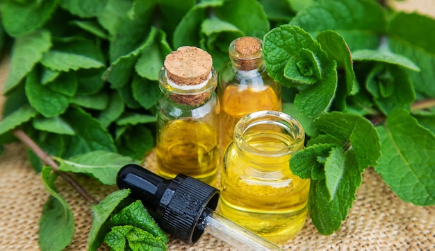 Olio essenziale di menta piperita in piccole bottiglie