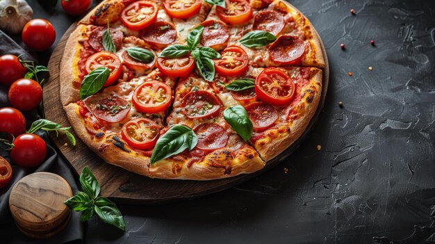 Pepperoni and Basil Pizza on Black Surface