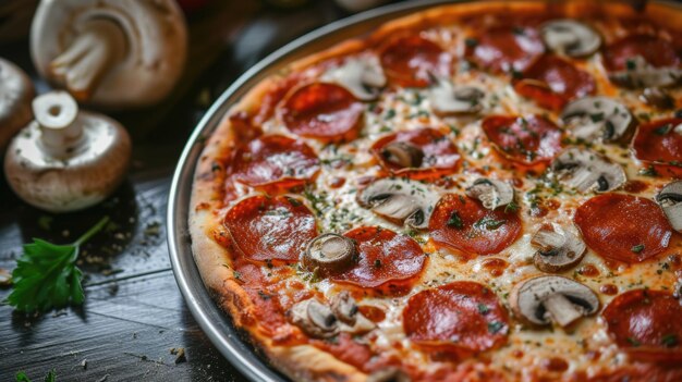 Pepperoni en paddenstoel pizza op een donkere houten tafel