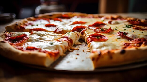 Пепперони Горячая пицца с вязким сыром на деревянной тарелке