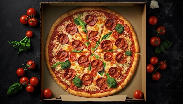 Пицца пепперони в коробкеПищевой фонКонцепция здорового питанияЗдоровая веганская пищаЗдоровая диета AI