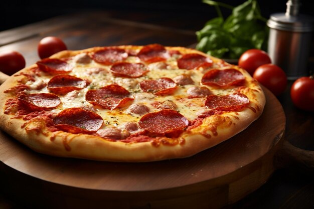 Pepperoni pizza coming out of the oven with blurred background front view