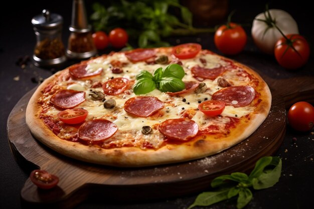 Pepperoni pizza coming out of the oven with blurred background front view