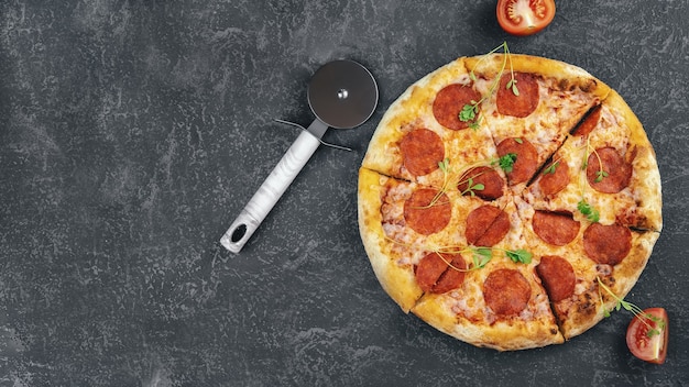 pepperoni pizza on concrete surface top view copy space