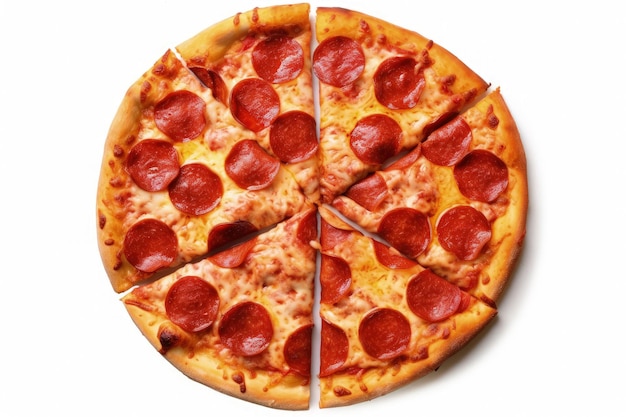 A pepperoni pizza cut in half on a white background generative AI