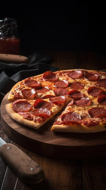 A pepperoni pizza cut into slices on a cutting board generative AI