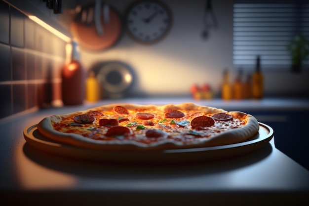 Pepperoni pizza die uit de oven komt met onscherpe achtergrond vooraanzicht generatieve ai