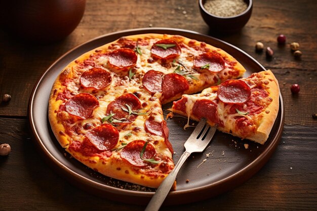 Pepperoni-pizza geserveerd op een wit keramisch bord met een vleugje parmesankaas