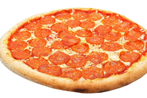 ペパロニ ピザ、自家製食品、孤立した白地、上面と側面図