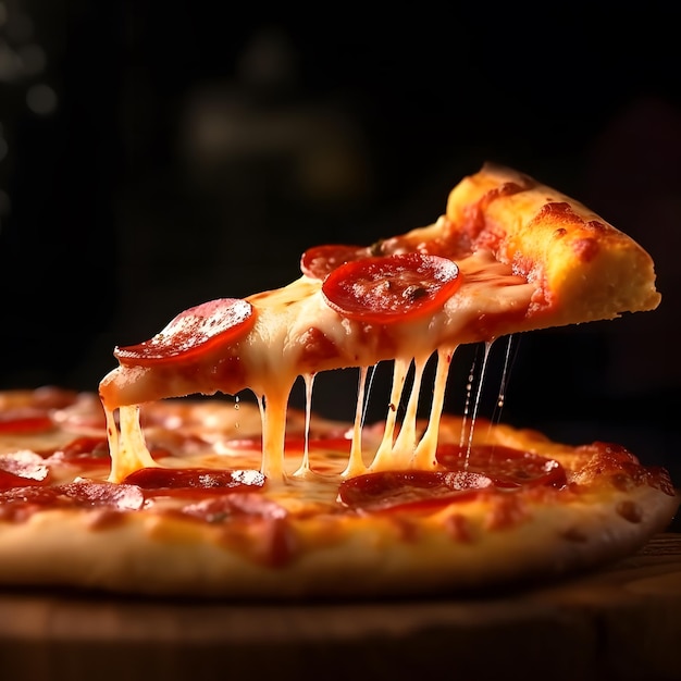 A pepperoni pizza is being lifted off a wooden platter.