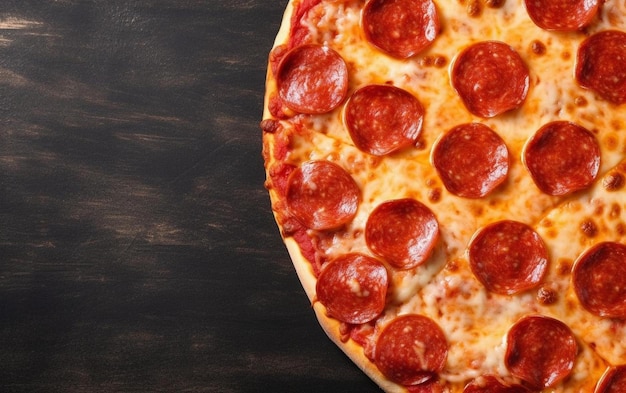 A pepperoni pizza is on a black table.