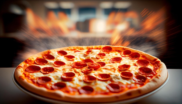 Pepperoni pizza komt uit de oven met onscherpe achtergrond bovenaanzicht Generatieve AI